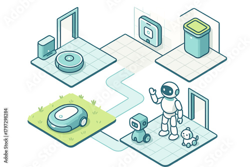 Automated service devices and characters managing a futuristic smart home