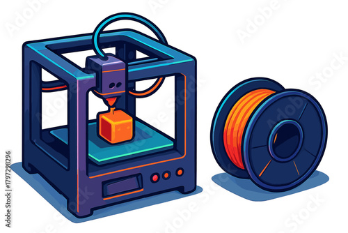 Stylized desktop 3D printer producing an orange cube alongside a roll of colorful filament