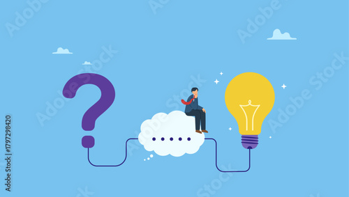 Businessman on thinking bubble connect question mark to lightbulb solution. Problem solving skill, critical thinking or finding solution to solve problem, answer question, creativity or imagination.