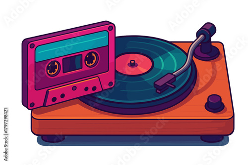 Retro pink cassette tape and turntable playing vinyl record on white background