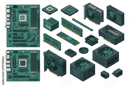 Essential computer hardware components set for building or upgrading a PC system