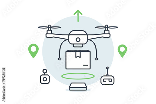 Autonomous drone delivery service concept with package and location pins