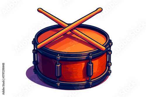Stylized percussion instrument featuring a bright orange drumhead and crossed sticks