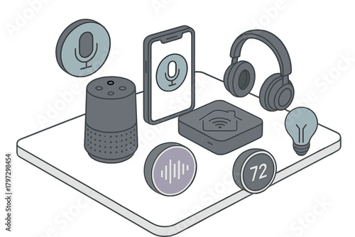 Modern smart home technology ecosystem with voice control speaker and various connected appliances