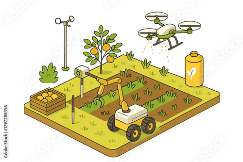 Modern smart farming technology with robotic arm and drone tending crops