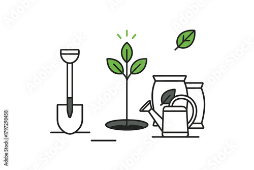 Gardening tools set with shovel seedling watering can and fertilizer bags