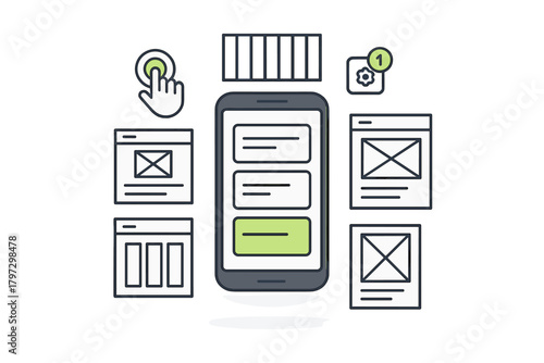 Mobile application development process and user interface design concept with wireframes and smartphone screen