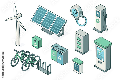 Isometric view of renewable energy sources and sustainable city infrastructure elements