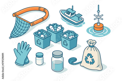 Collection of specialized tools and containers for cleaning up ocean plastic waste