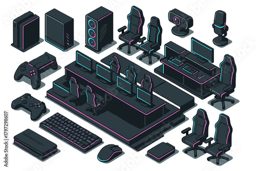 Isometric set of gaming hardware, peripherals, and professional esports station components on a dark background