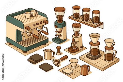 Professional coffee brewing equipment set in isometric view including espresso machine and grinders