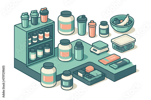 Sports nutrition supplements, protein powder, shakers, and healthy food items for fitness lifestyle