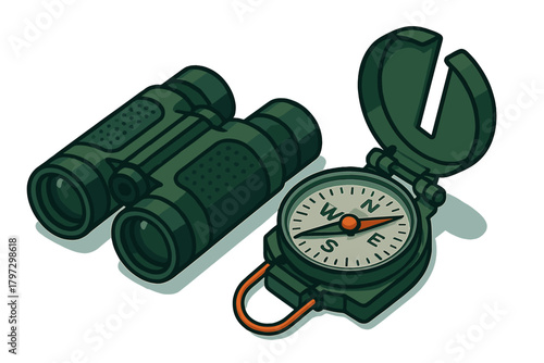 Essential outdoor gear featuring green binoculars and a military-style navigation compass