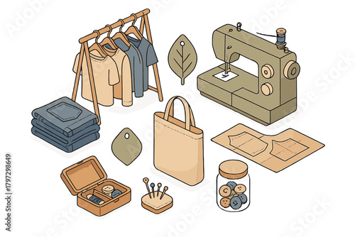 Isometric set of sewing tools and sustainable fashion items for textile design