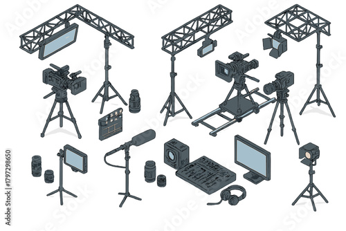 Isometric set of professional film and video production equipment including cameras, lighting, and sound gear