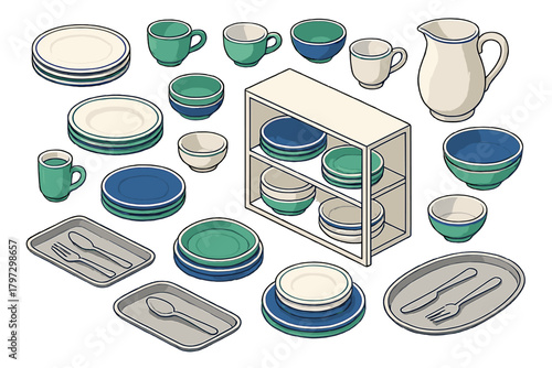Isometric collection of kitchen and dining tableware plates bowls cups and cutlery