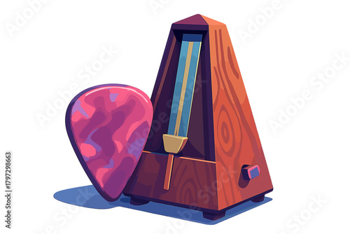 Traditional pyramid metronome beside a large patterned guitar pick for music practice