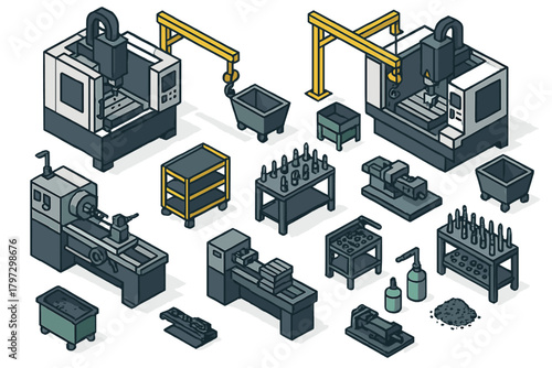 Heavy industrial machinery collection featuring CNC milling, lathe tools, and factory equipment