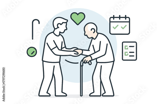 Professional caregiver providing assistance and support to an elderly patient with scheduled tasks