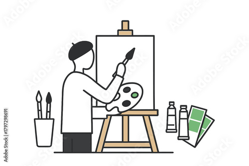 Artist wearing a beret painting on a large canvas using a brush and palette next to art supplies