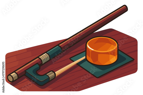 Traditional Japanese tea ceremony utensils: wooden ladle and stylized water container on a wood surface