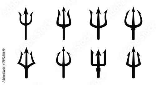 Collection of black silhouette tridents in varying orientations depicted clearly