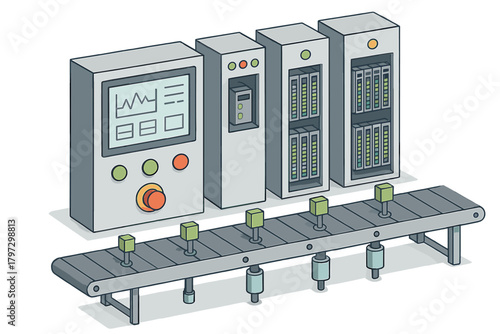 Programmable logic controller system with conveyor belt and manufacturing machinery