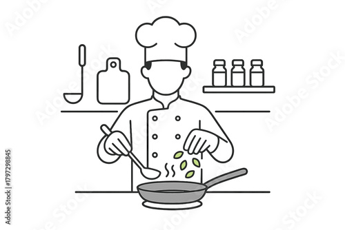 Professional cook preparing a dish in a kitchen stirring ingredients in a hot frying pan