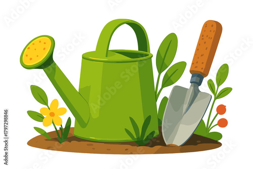 Bright green watering can and garden trowel surrounded by fresh spring foliage and blooming yellow flower