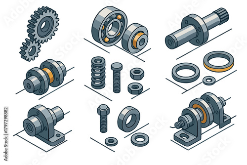 Isometric set of various industrial mechanical engineering components and spare parts