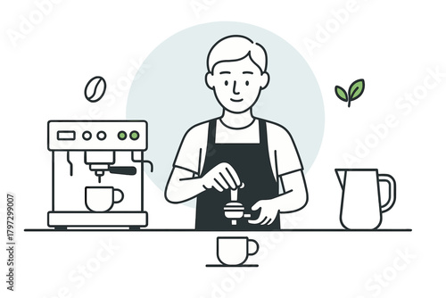 Professional barista preparing espresso coffee using a machine in a cafe