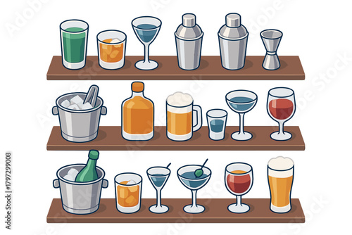 Bar equipment, cocktail shakers, liquor bottles, and alcoholic beverages on display shelves