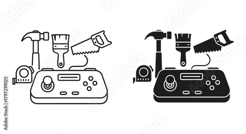 Gaming and building concept featuring a video game controller, hammer, saw, paintbrush, and tape measure icons.