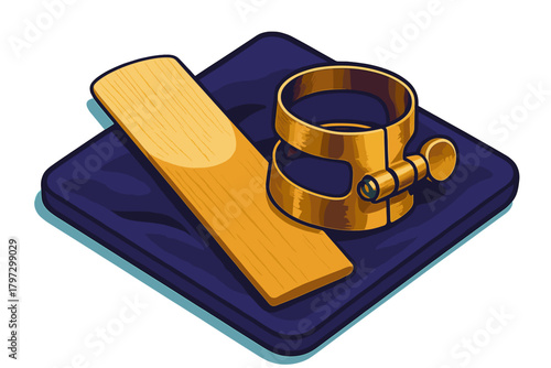 Golden brass ligature and wooden reed for saxophone or clarinet mouthpiece