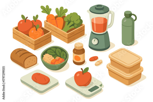 Isometric healthy food, diet supplements, kitchen scales, blender, and meal preparation items