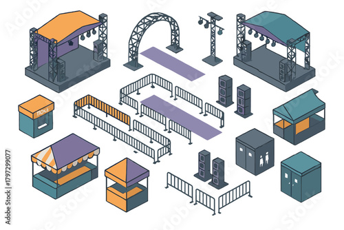 Isometric infrastructure elements for outdoor events stages barriers booths