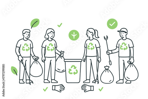 Volunteers collecting garbage and promoting recycling awareness during a community cleanup