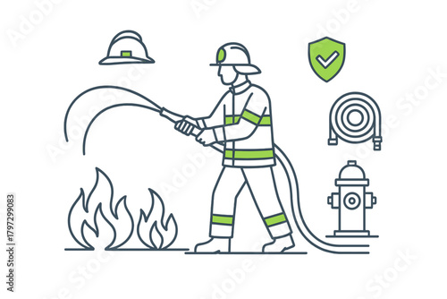Firefighter using a hose to extinguish flames with safety equipment symbols