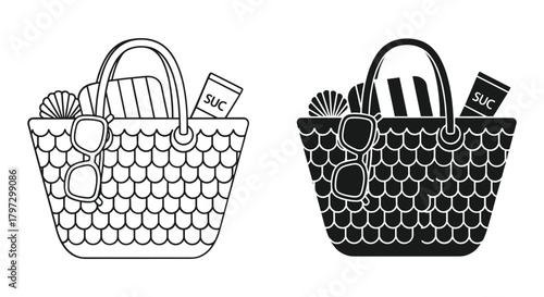 Beach bag with summer accessories illustration set. vacation icon with sunglasses, seashell, towel, sunscreen tube.