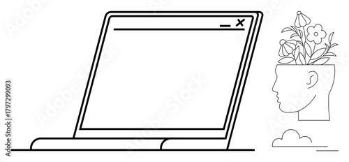 Laptop screen with open window, human profile outline with flowers growing from head, and simple cloud. Ideal for creativity, innovation, mindfulness, mental health, growth, online learning