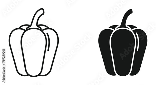 Bell pepper outline and solid silhouette vector icon set, ideal for web, print, culinary, food, and design projects.