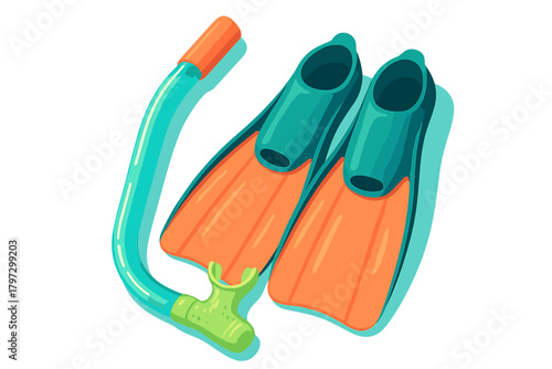 Colorful scuba diving flippers and snorkel gear for summer vacation and water sports