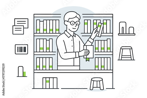 Male librarian organizing books on a tall shelf for inventory and information management