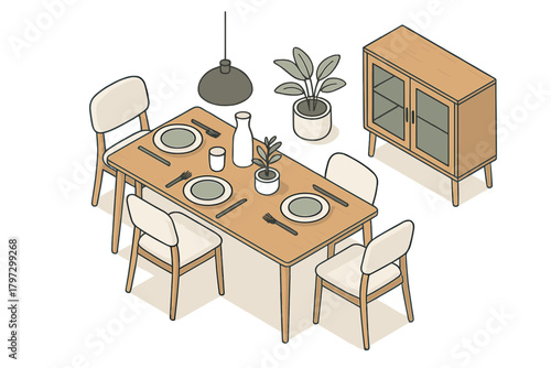 Isometric view of a modern minimalist dining room furniture set with table and chairs