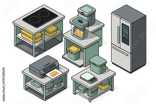 Modern kitchen appliances and food preservation equipment in isometric view
