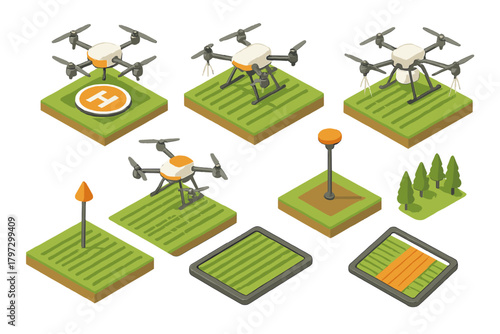 Isometric set of agricultural drones and smart farming equipment for modern crop management