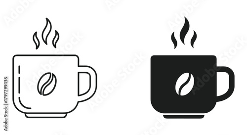 Outline and solid fill coffee cup icons with steam and a bean, representing hot beverage symbol or cafe design element