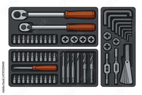 Professional mechanic tool set featuring ratchet wrenches, screwdriver bits, and drill bits