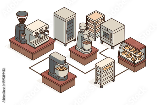 Isometric layout of commercial bakery and coffee shop production equipment