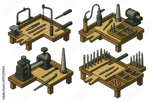 Isometric set of jeweler's workbench tools: anvil, rolling mill, burrs, and torch equipment